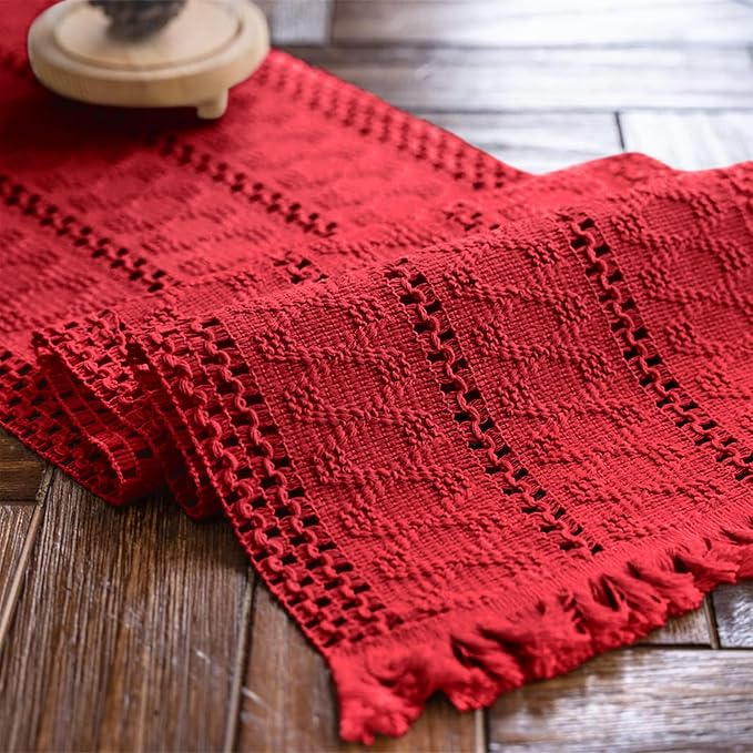Alynsehom Macrame Table Runner Christmas Red Boho Table Runners with Tassels Hand Woven Cotton Table Runner Rustic Farmhouse Table Runners for Xmas Kitchen Dining Table(12x71in)
