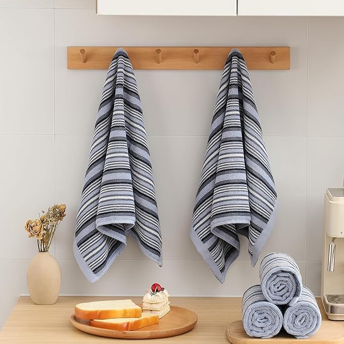 SALAS Kitchen Dish Towels for Drying Dishes, Large Cotton Kitchen Cloths Hand Towels, Stripped Terry Dish Cloths, Thick Highly Absorbent Towel Sets with Hanging Loop, 16" X 26"