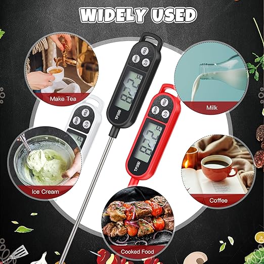 Copkim 12 Pcs Instant Read Meat Thermometer with Long Probe 9.65 Inch Kitchen Cooking Food Candy Waterproof Digital Thermometer for BBQ Water Milk Yogurt Liquid Cooking (Black,White,Red)