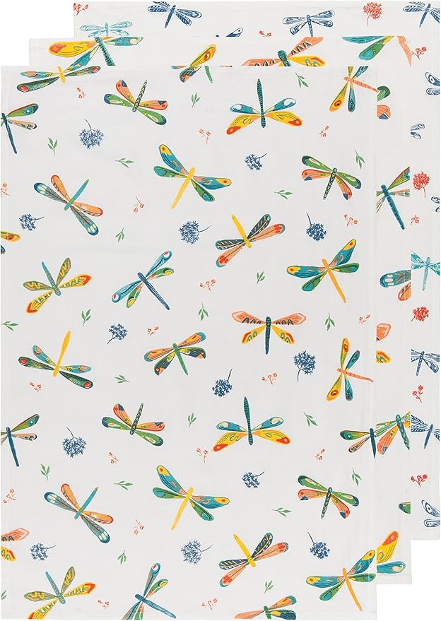 Now Designs Floursack Kitchen Towels Quick Dry Cotton Hand Towel Set, 3 Count, Dragonfly, 20 x 30 in