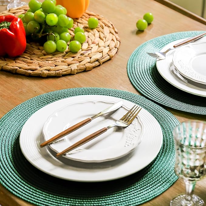 FunWheat Round Braided Placemats Set of 8 Table Mats for Dining Tables Woven Washable Non-Slip Place mats 15 inch(Black Green,8pcs)