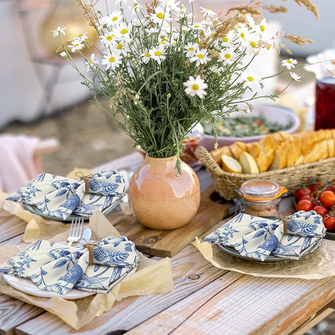 VitalCozy Cloth Napkins-15 x 15 Inch Soft Fabric Napkins Bulk Cloth Washable Reusable Plants Floral Square Napkin Cotton Dinner Towel for Spring Tea Party(Blue White Flower,24 Pcs)