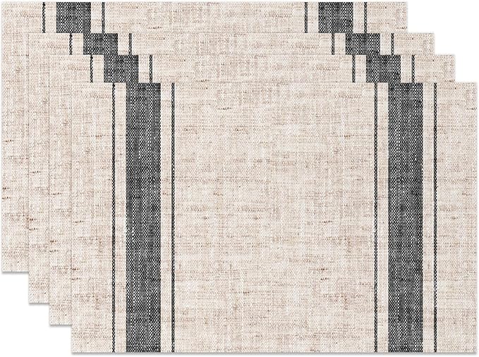 CSFOTO Modern Minimalist Line Decorative Placemats Set of 4 Heat-Resistant Non-Slip Kitchen Table Mats Khaki Woven Rectangle Placemats for Dining Table 18"x12" Washable, Black Stripe