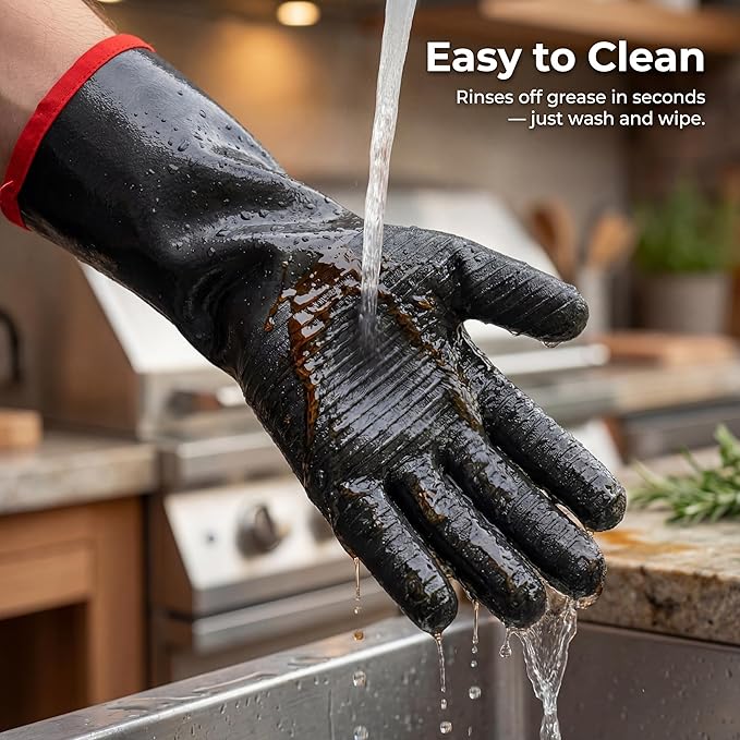 932°F Heat Resistant BBQ Gloves, 14-Inch Waterproof Neoprene Grill Gloves, Oil & Slip Resistant with Cotton Lining, for Oven, Smoker, Fire Pit, Rotisserie and BBQ Cooking