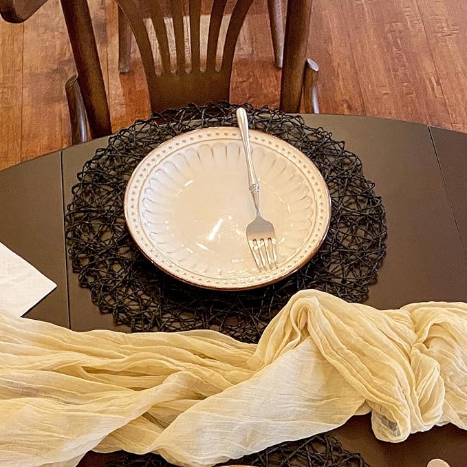 AHHFSMEI Paper Braided Round Placemats Set of 8 Natural Non-Slip Heat Resistant Table Mats for Dining Tables Woven Indoor & Outdoor Place mats(Black,8)