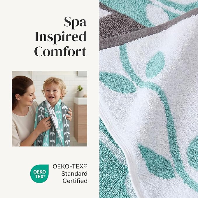 Modern Threads Natural Vine 6-Piece 100% Cotton Towel Set – Yarn Dyed Jacquard – Includes 2 Bath Towels, 2 Hand Towels, 2 Washcloths – Absorbent, Quick Dry, Soft & Durable – Aqua