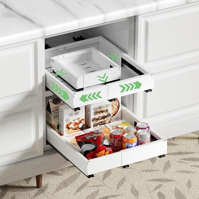 2 Pack Pull out Cabinet Organizer, Width (10"-15") Depth (11"-17"), with 3 Rails Adjustable Slide, Expandable Drawers for Cabinets, No Drill Adhesive Kitchen Drawers for Pantry Shelves white