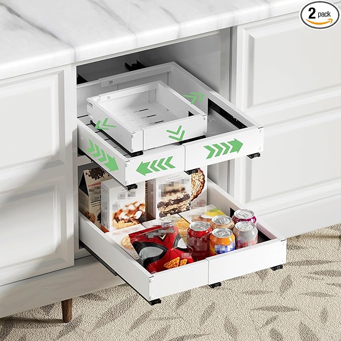 2 Pack Pull out Cabinet Organizer, Width (10"-15") Depth (11"-17"), with 3 Rails Adjustable Slide, Expandable Drawers for Cabinets, No Drill Adhesive Kitchen Drawers for Pantry Shelves white