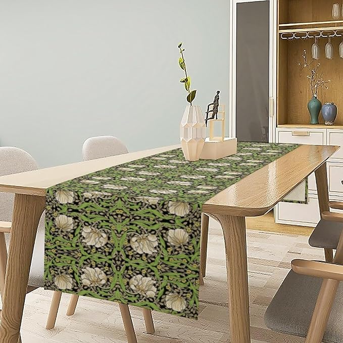 William Morris Vintage Floral Table Runner Farmhouse Sage Green Art Printed Dinner Runner for Home Kitchen Dining Table Decor Fabric 1 Panel W13xL120in