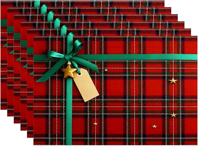 Batmerry Empty Tag On Scottish Plaid Placemats, Bow and Washable Linen Table Mats for Kitchen Table Double Insulation Decor Dining Set Indoor Outdoor 12X18 in Set of 6