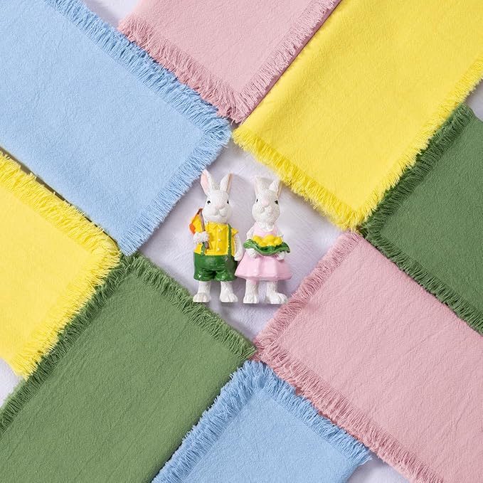 DeZerlor 12 Pack Easter Color Cotton Linen Napkins with Fringe Easter Spring Cloth Napkins Set of 6 12 Boho Handmade Dinner Napkins Bulk for Wedding Bridal Baby Boy Shower Parties, 17 x 17
