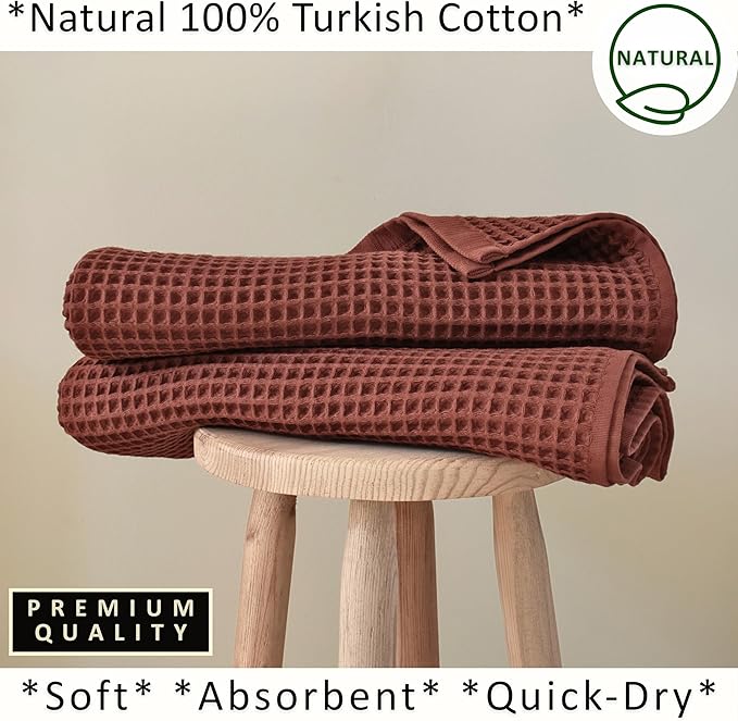 PÜSKÜL Natural 100% Turkish Cotton Waffle Bath Towels Set of 2-Piece | 32x63 inch Extra Large Absorbent Quick-Dry Lightweight Spa Towel | Decorative Guest Towel (Red Brick Bath Towels - Pack of 2)