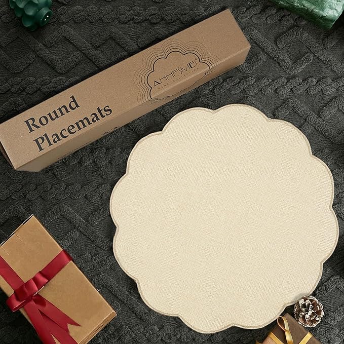 AHHFSMEI Round Faux Linen Placemats Set of 8 Heat Resistant Non-Slip Stain Proof Table Mats for Kitchen Dining Elegant Decor Place Mats (Beige,8)