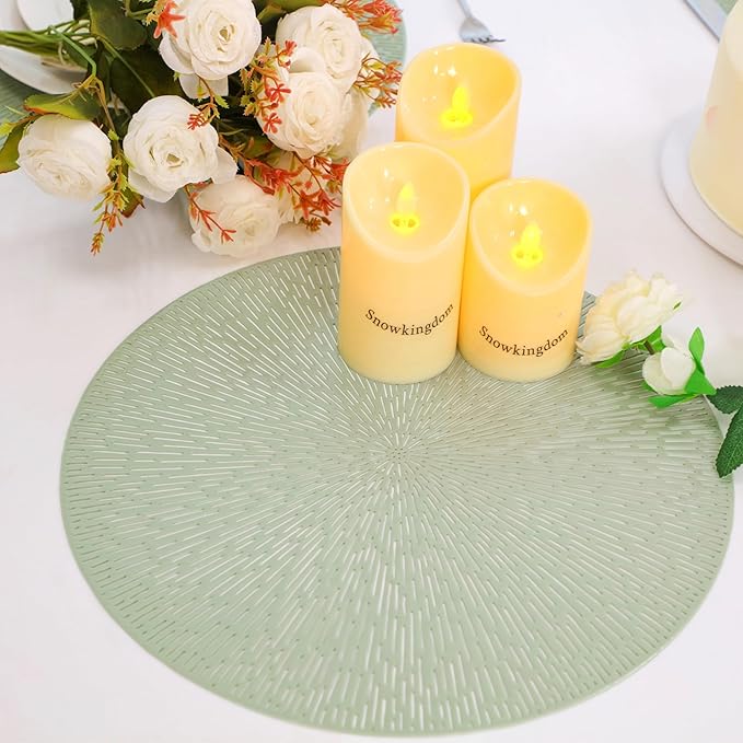 Snowkingdom Sage Green Easter Placemats Set of 8, Vinyl Hollow Spring 15 Inch Round Sage Green Place Mat, Washable Easy Clean Wipeable Non Slip Dining Table Mats for Wedding Bridal Shower Party Decor