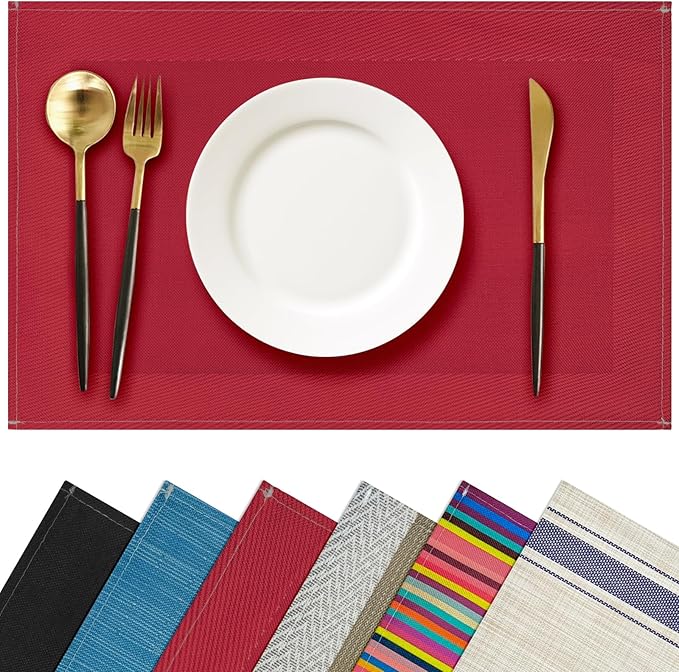 Red Placemats Set of 4, 12x18 Inch Heat-Resistant Washable Easy to Clean Place Mats, Faux Linen Cloth Table Mats Suitable for Indoor/Outdoor Parties & Kitchen Decor (Red)