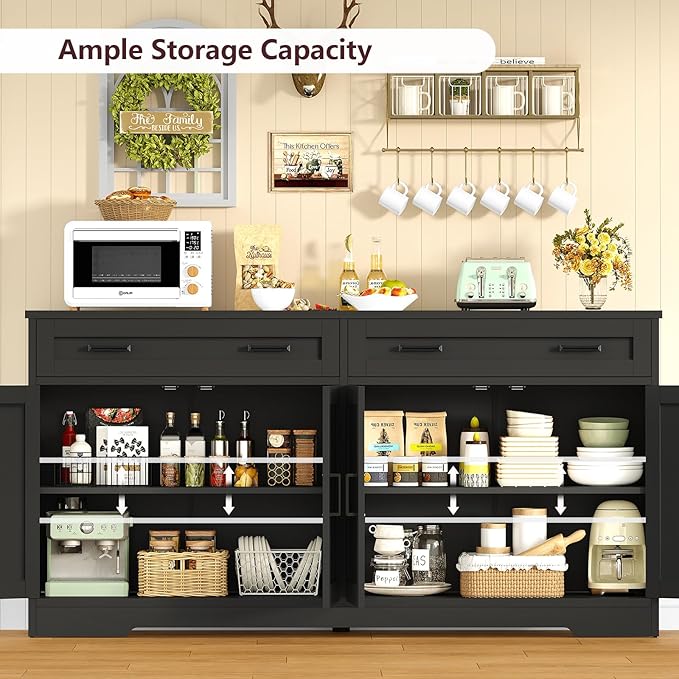 usikey 63" Buffet Cabinet with Storage, Large Sideboard Buffet Cabinet with 2 Adjustable Shelves and 4 Doors, Modern Farmhouse Coffee Bar for Kitchen, Living Room, Black