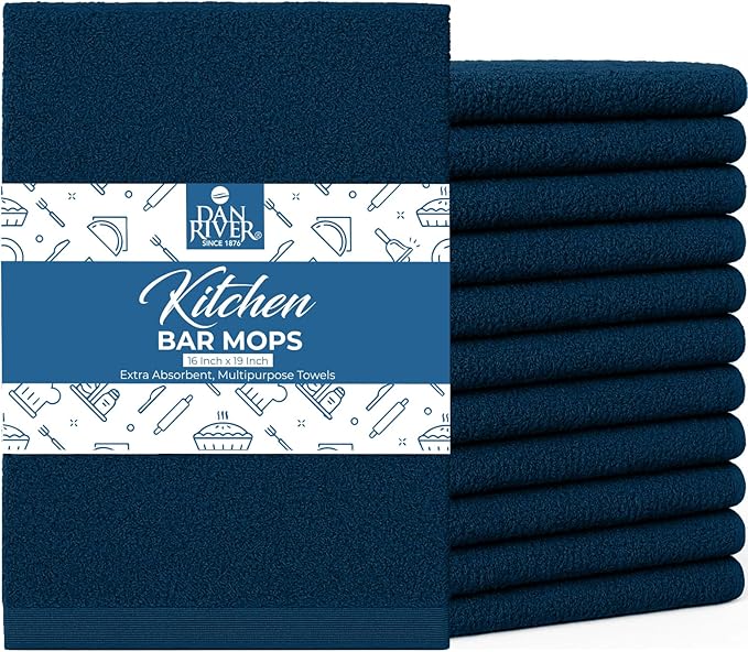 DAN RIVER Kitchen Bar Mops,Pack of 12,16 by 19 Inches,100% Cotton Super Absorbent,Multi-Purpose Cleaning Towels for Home and Kitchen Bars-Blue Opal