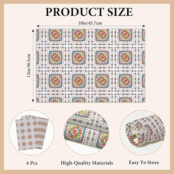 Cotton Linen Waterproof Placemats Set of 4, Boho Style Colorful Dining Mat Table Mats Decor Fabric for Kitchen Dinner Coffee Shop Table, Indoor/Outdoor Washable Wipeable Place Mat -N016
