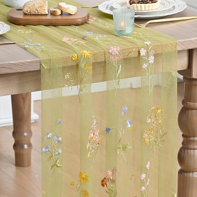 Artoid Mode Wildflower Floral Fern Green Gauze Embroidery Table Runner 120 Inch 10FT, Tulle Seasonal Spring Kitchen Dining Table Decor for Home Party