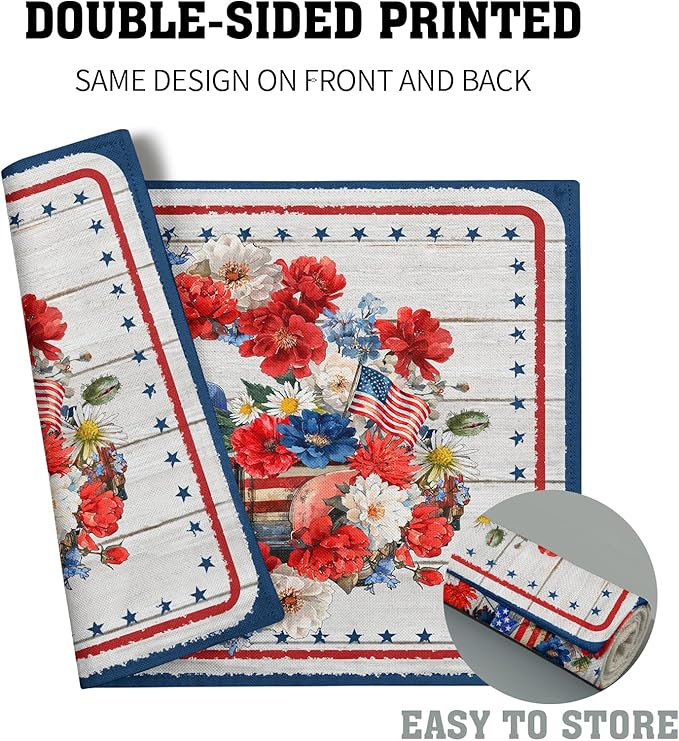 Patriotic Truck Linen Placemat Sets American Flag Flowers Place Mat for Home Dining Tabletop Decor