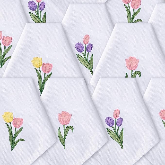 HunnmingRe 12 Pcs Spring Floral Cloth Napkins 100% Cotton Pink Tulip Dinner Tea Party Napkins Embroidered Handtowel Country French Reusable Washable for Dinner Kitchen Weddings Cocktail 17x17inch