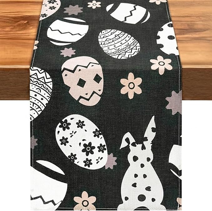 Easter Table Runner 72 Inches Black – Spring Easter Egg Bunny Decorations, Durable Dining Kitchen Holiday Decorative Table Runner