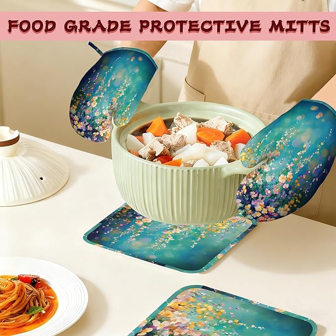Watercolor Ivy Flower Spring Flower Oven Mitts and Pot Holders (4PCS),Heat Resistant Non-Slip Silicone Kitchen Gloves for Cooking, Baking, BBQ Waterproof Kitchen Accessories