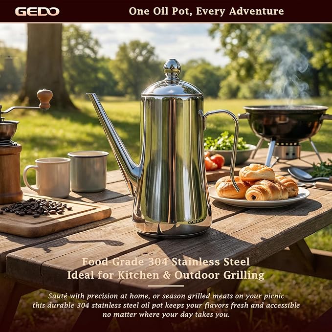 GEDO 304 Stainless Steel Oil Dispenser, Eagle Beak Drip-Free Spout Oil Pot with Extra Wide Mouth & Air Vent Lid, Large Capacity for Kitchen Cooking & Outdoor Grilling (1.05QT / 1000ml)