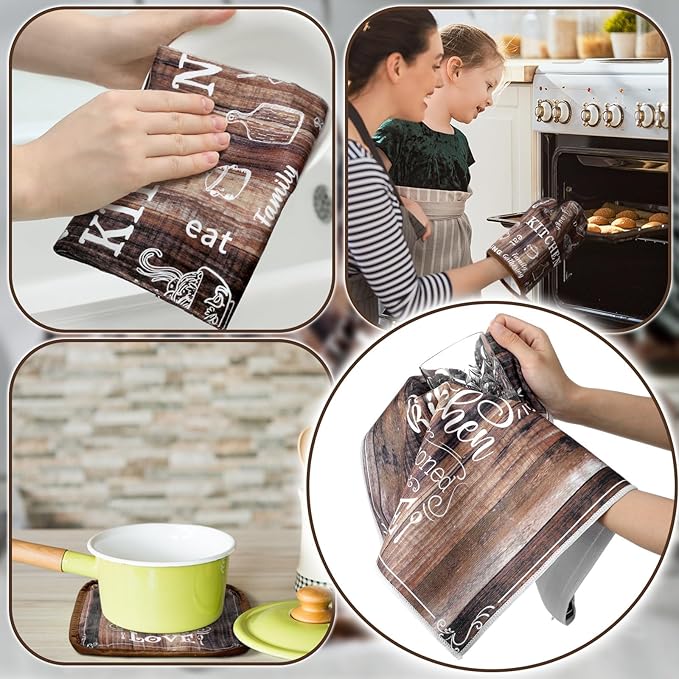 12 Pcs Farmhouse Kitchen Oven Mitts and Pot Holders Decor Sets 4 Wood Kitchen Hand Towels 4 Absorbent Dishcloths 2 Pot Holders 2 Oven Mitts Glove for Home Decorations Mom Baking Cooking Grilling Gift