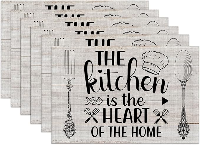 The Kitchen is The Heart of The Home Placemats Set of 6, Washable Linen Place Mat Heat Resistant Non Slip Kitchen Dining Table Mats 12x18 Inch