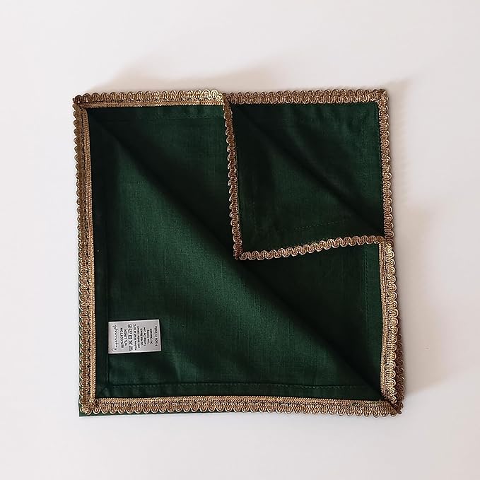 FINGERCRAFT Dinner Cloth Napkin Cotton Blend 12 Pack Mitered Corners with Elegant Golden Lace for Everyday Use Napkins are Pre Shrunk and Good Absorbency Wedding Christmas Special Color Eden Green