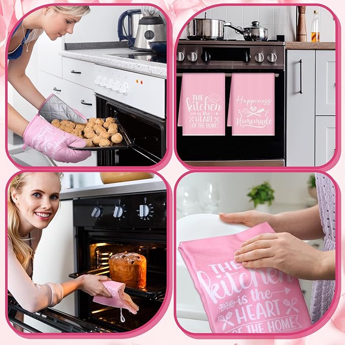 Sratte 6 Pcs Kitchen Decor Accessories Set Farmhouse Towels Pot Holders Oven Mitts Set 2 Dish Towels 2 Potholders 2 Cooking Mittens Oven Glove for Christmas Baking Cooking Supply(Pink,Kitchen)
