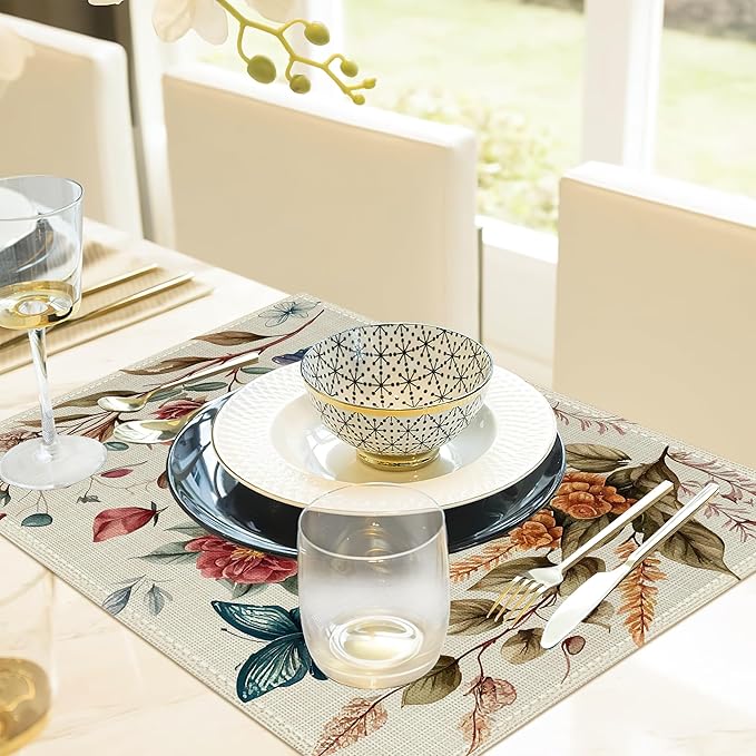 Butterfly Floral Vintage Placemats Set of 6, 12x18 Inch Waterproof Stain Resistant Linen Table Placemats Summer Seasonal Farmhouse Kitchen Party Decor Home Decor
