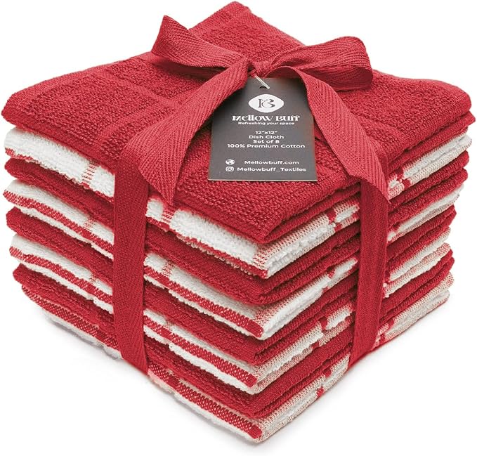 100% Cotton Terry Dish Cloth & Dish Towel, 8 Pack, Super Soft and Absorbent Kitchen Towels, Perfect for Kitchen Cleaning and Dish Washing (RED (Solid and Checks) 8 Pack)
