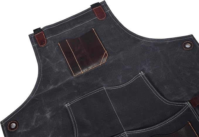 One Size Fits Utility Apron | Adjustable Cross-Back Straps | Multi-Use Shop Apron With Tool Pockets By Aaron Leather Goods (Grey, Canvas Leather)
