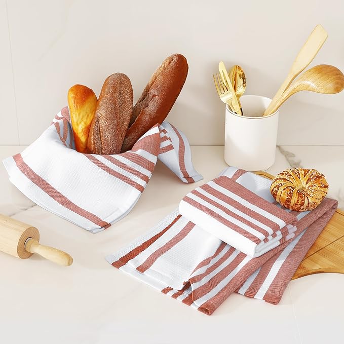 Homaxy Premium Kitchen Towels 18”x 28”, Large Cotton 380 GSM Kitchen Hand Towels, Stripe and Terry Dish Towel, Highly Absorbent Tea Towel Set with Hanging Loop, 6 Pack, Rust