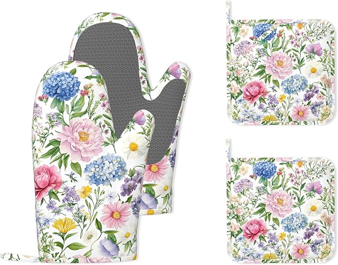 Watercolor Floral Oven Mitts and Pot Holders (4PCS),Wildflowers Heat Resistant Non-Slip Silicone Kitchen Gloves for Cooking, Baking, BBQ Waterproof Kitchen Accessories