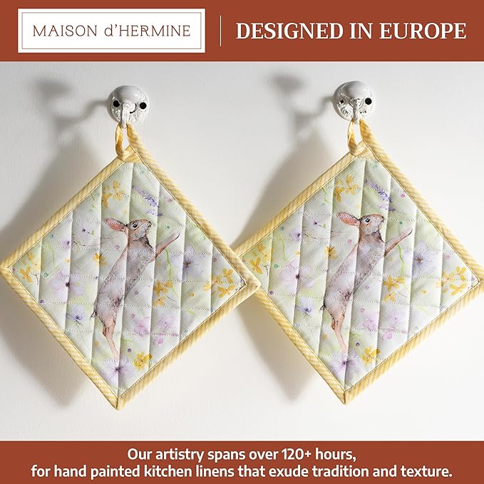 Maison d' Hermine Pot Holders 100% Cotton Heat Resistant Potholders 8" x 8" Hot Pads with Loop BBQ Cooking Baking Gifts for Mothers Day Handling Hot Pans Spring/Summer (Pack of 2, Easter Zest)