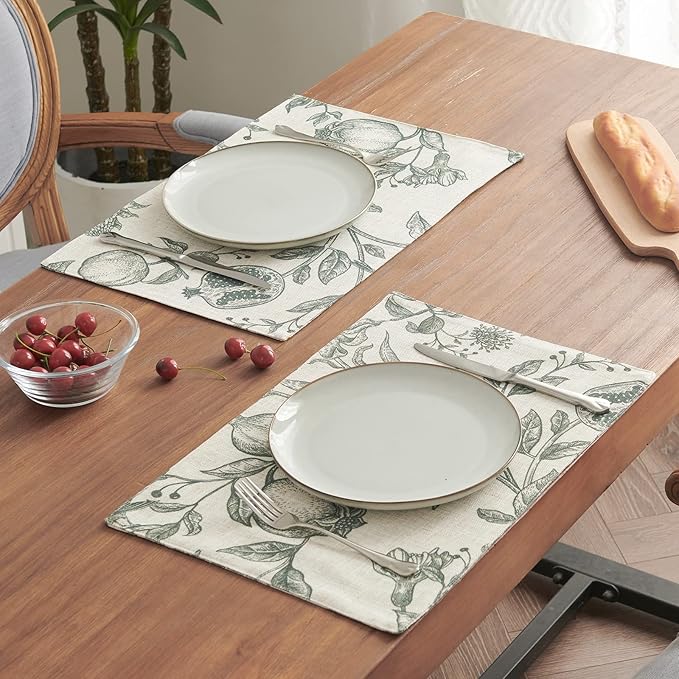 JINCHAN Linen Floral Placemats Set of Cloth Table Mats Rustic Cottagecore Botanical Outdoor Seasonal for Kitchen Dining Decor Heat Resistant Non-Slip Washable Tablemats 13x19 Inch Dark Green