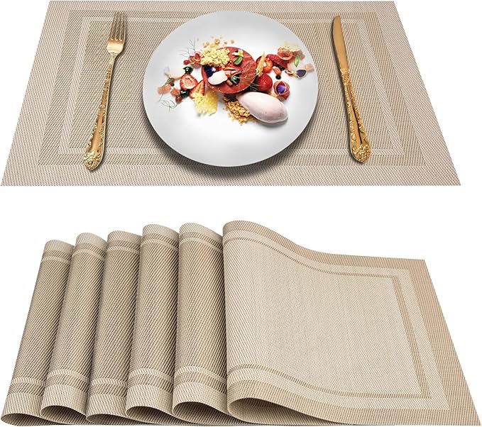 DACHUI Placemats Set of 8, Linen Look Woven Place Mats, Water Resistant, Heat Resistant, Washable, Durable Table Mats (Beige)