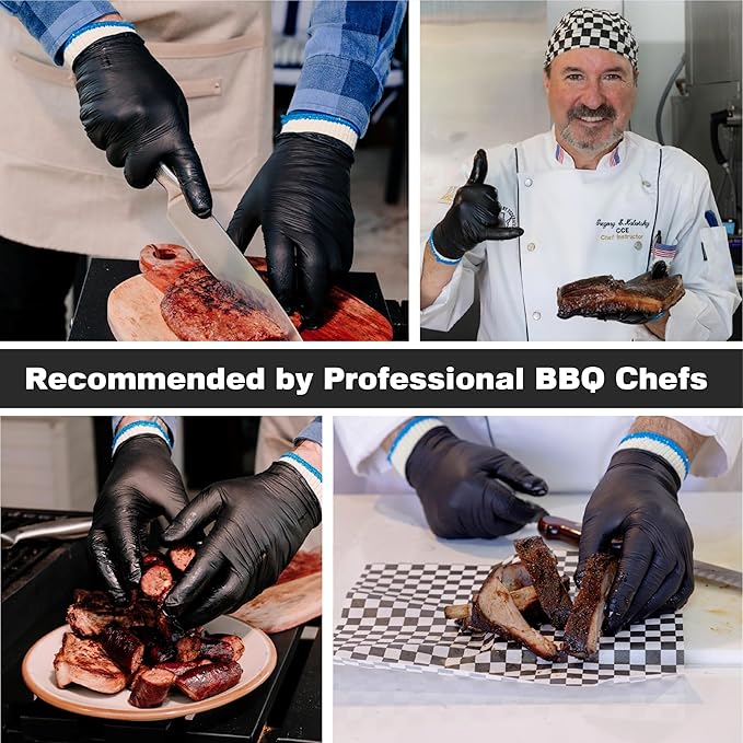 Raxwell BBQ Gloves - Dual-Layer Heat Defense & Heat Gloves for Cooking - Non-Slip Nitrile Handling for Grilling Accessories - Ambidextrous Oven Mitts with Fingers - Large, Black, 6 Cotton Liners