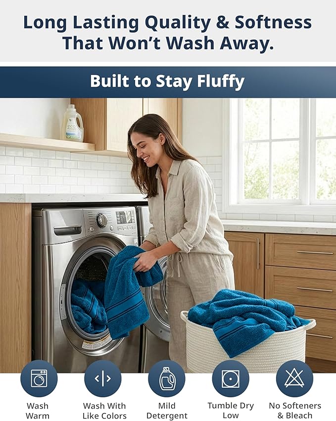 LANE LINEN Luxury Bath Towels Set - 12 Piece, 100% Cotton, Zero Twist, Super Soft & Absorbent, 4 Bath Towels, 4 Hand Towels, 4 Washcloths - Sea Port