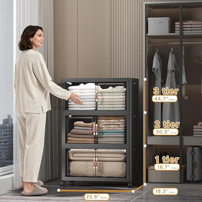 UAMFURI Stackable Storage Bins with Lids, 672QT Closet Organizers and Storage with Doors and Wheels, Extra Large Storage Cabinet, Collapsible Plastic Drawers for Bedroom Kitchen Office Garage