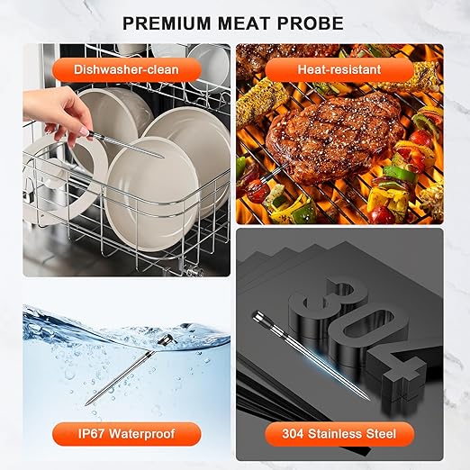 Smart Wireless Meat Thermometer with 4 Probes & 800ft Range, Bluetooth Grill Food Thermometer, Digital Backlit Screen, 0.5S Instant Read, NIST ±0.5℉ Accuracy for Kitchen BBQ, Oven, Smoker, Air Fryer