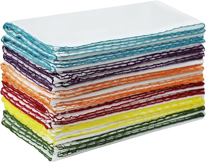 COTTON CRAFT Cloth Napkins - Set of 12 Pure Soft Cotton White Dinner Napkins with Colorful Border Trim – Absorbent Reusable Fabric Serviettes for Dining Table, Parties, Weddings, Everyday Use - 17x17