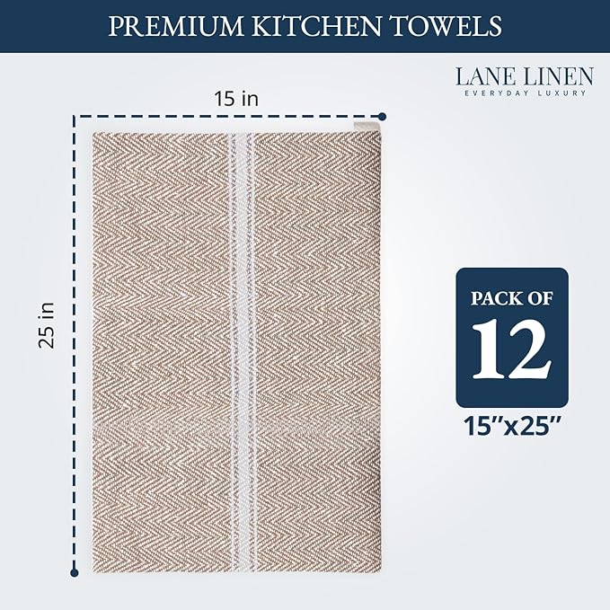 LANE LINEN Kitchen Towels Set - 100% Pure Cotton Dish Towels for Kitchen, Super Absorbent Kitchen Hand Towel, Tea Towels, Soft & Durable Dish Cloths, Pack of 12 – 14”x25”, Beige