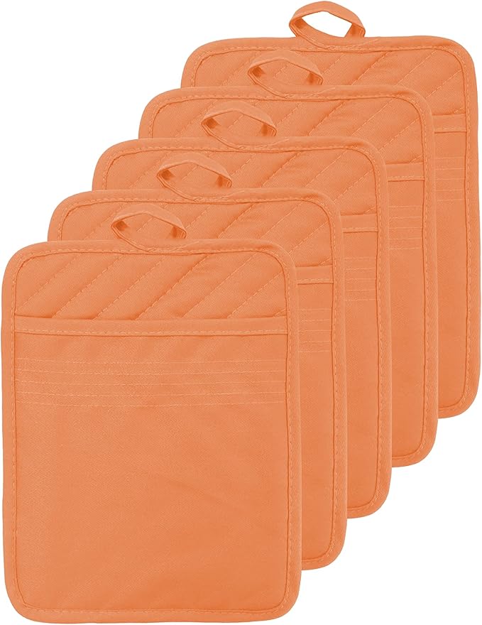 Oven Pot Holder with Pocket Cotton Heat Resistant Coaster Potholder Kitchen Hot Pad Oven Mitts for Cooking Square 7"x9"Set of 5 (Orange)