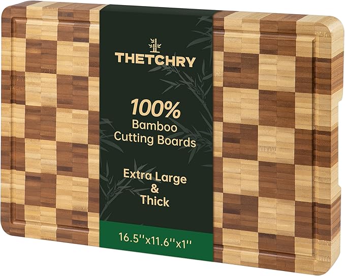 Bamboo Cutting Boards for Kitchen, End Grain Wood Cutting Board with Juice Grooves & Handles, Charcuterie Checkered Chopping Board Thick Butcher Block Serving Tray with Gift Box, 16.5"×11.6"× 1"