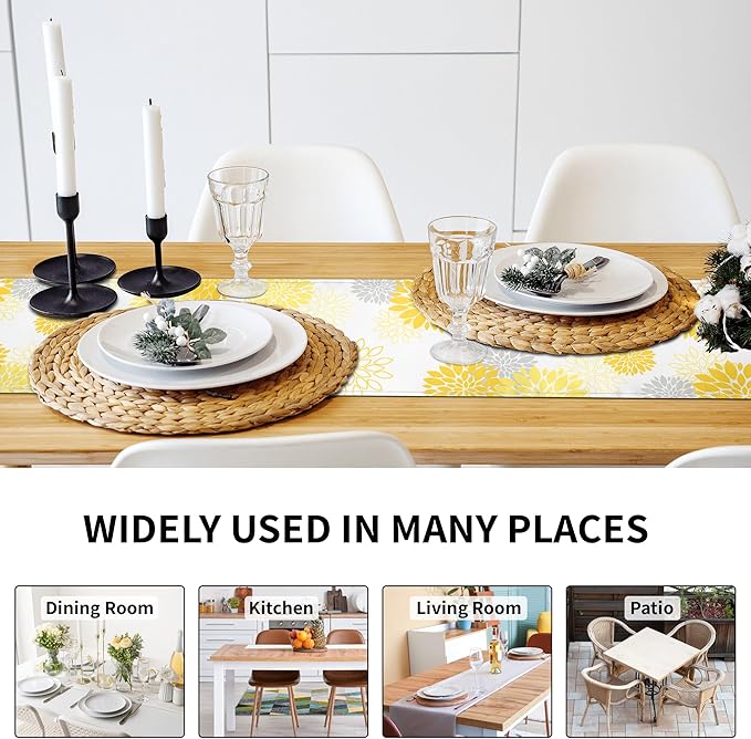 Dahlia Flower Table Runner 13x90 Inch Farmhouse Yellow Gray Runners Modern Table Decorations Rustic Geometric Coffee Table Runner for Home Kitchen Dining Room Party (13"x90", Dahlia Floral-Yellow)
