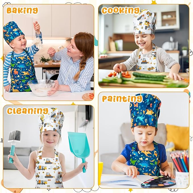 GROBRO7 4Pcs Kids Apron and Chef Hat Set Gift for Girls Boys, Dinosaurs Construction Vehicles Adjustable Kitchen Cooking Child Aprons with 2 Pockets Waterproof Smocks for Baking Painting Crafting